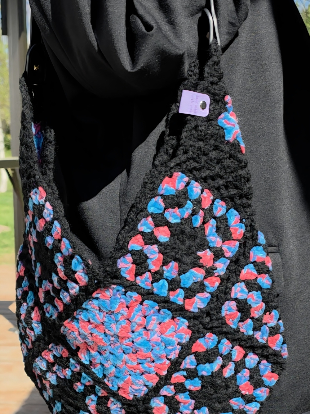 NWT Handmade Pink Blue and Black Crochet "Granny Tote Shoulder Bag"